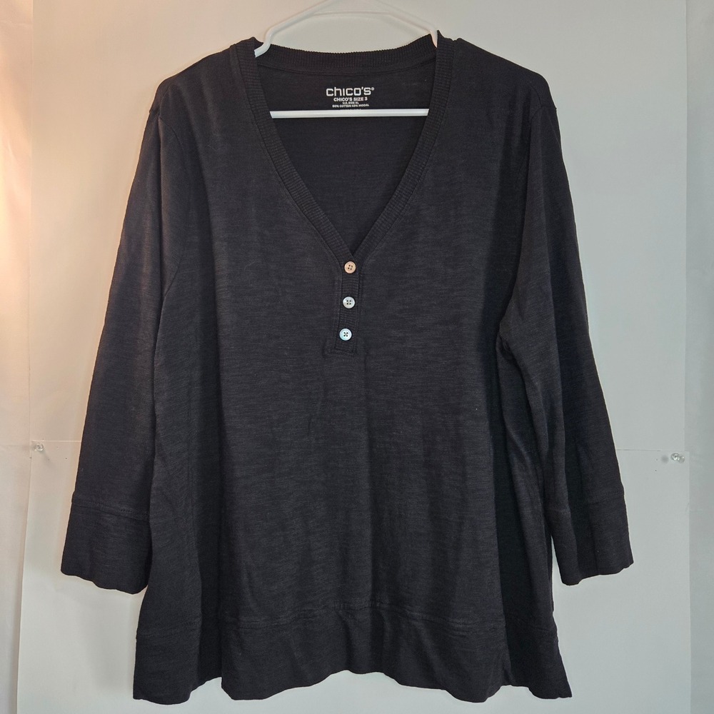Chicos Womens Size 3 XL Black Slub Knit V-Neck Henley 3/4 Sleeve Top